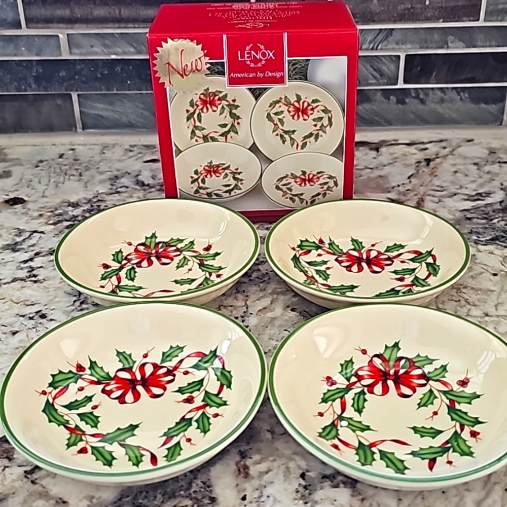 Lenox Holiday Holly Dip Bowls Christmas Set of 4 Red Bow Dipping Bowls NIB